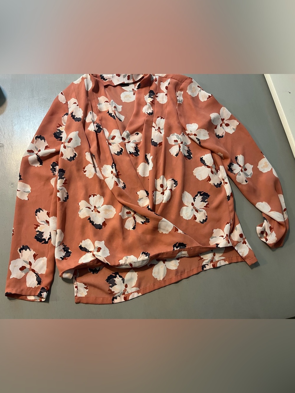 Ann Taylor Factory Petite Floral Faux Wrap Blouse, Terracotta/Rust Orange, XSP